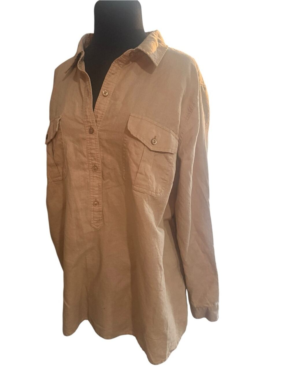 Talbots Woman 2X Linen Blend Safari Utility Tunic Popover Shirt Pockets Coastal
